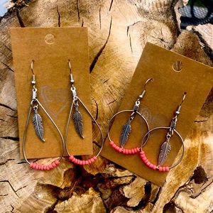 Coral Pink Earrings Handmade Montana Silver Hoops